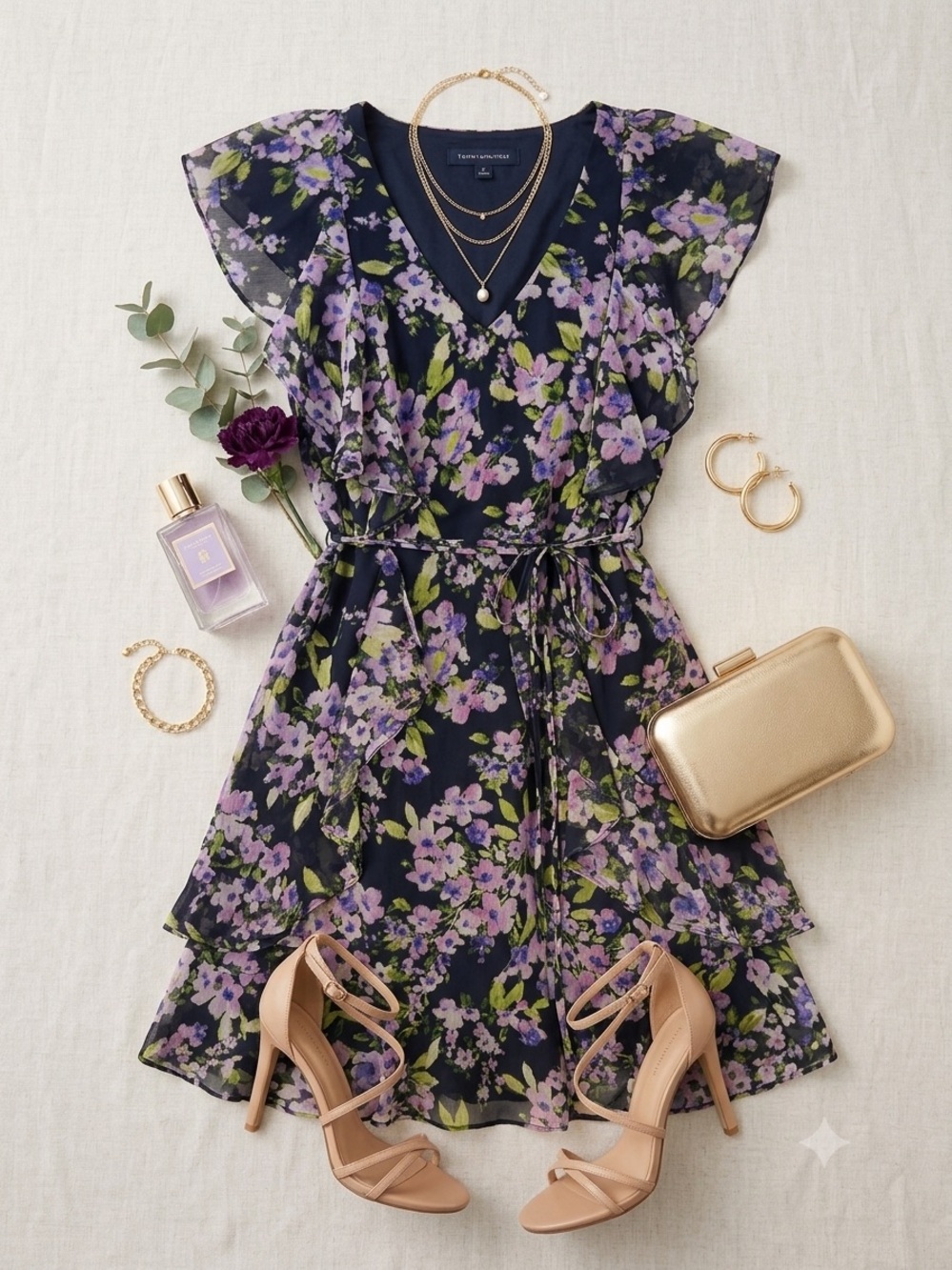 Tommy Hilfiger Navy Tiered Ruffled Chiffon Floral Dress